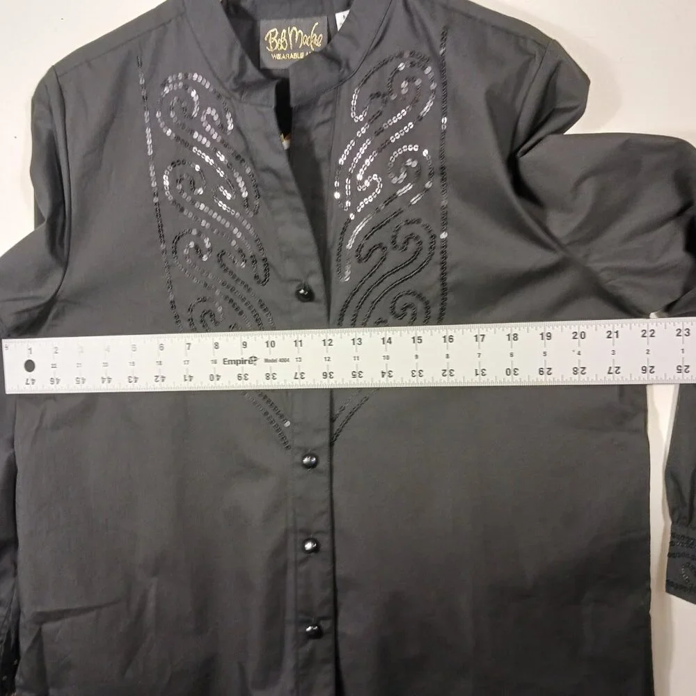 Bob Mackie NWT, Size Med., Black Button Down Shirt W/Sequins, Mandarin Collar - Picture 9 of 14